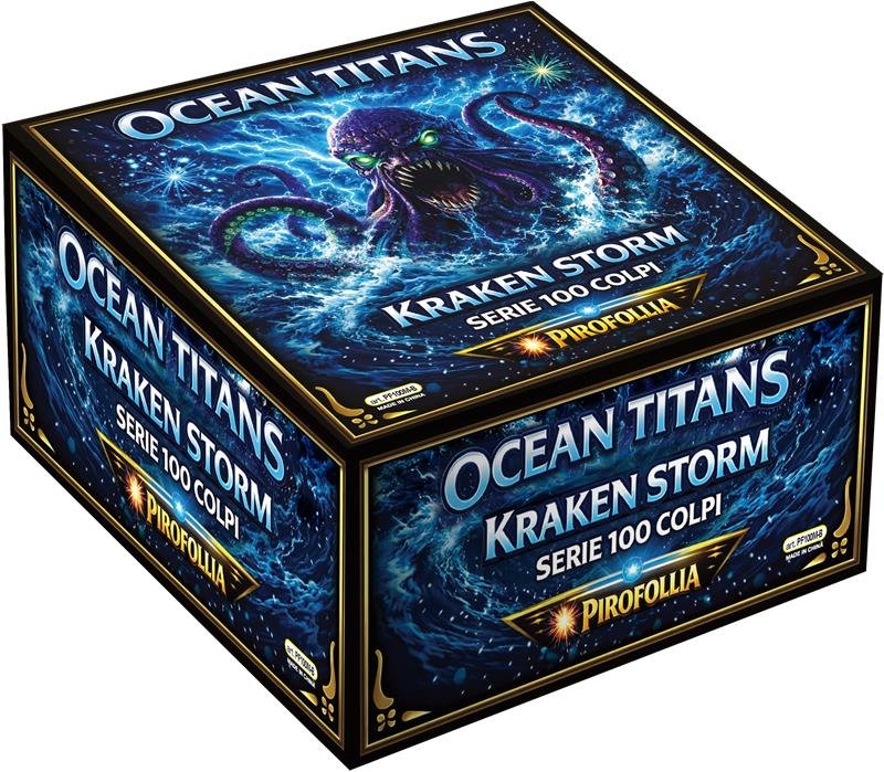 Scatola blu Ocean Titans Kraken Storm serie 100 colpi Pirofollia con piovra viola dagli occhi verdi tra onde in tempesta